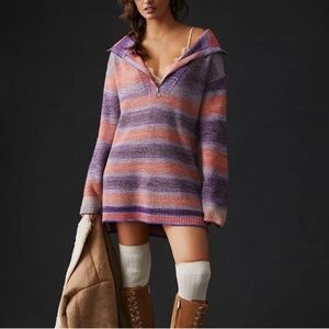 Anthropologie Daily Practice Half-Zip Tunic Sweater Stripe Purple Pink Ombre XLP